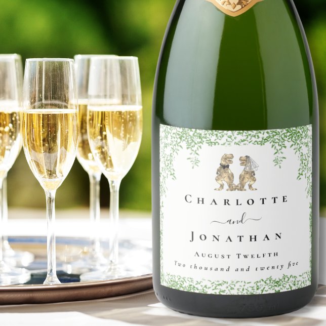 Personalised T-Rex Bride & Groom Dinosaur Wedding Sparkling Wine Label (Personalized T-Rex bride and groom dinosaur wedding sparkling wine labels Watercolor eucalyptus )
