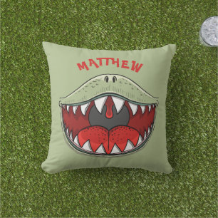 Personalised T-rex Dinosaur Mouth Green Kids Name Cushion