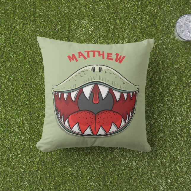 Personalised T-rex Dinosaur Mouth Green Kids Name Cushion (Grass)