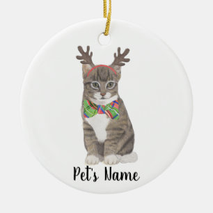 Personalised Tabby Cat (Grey) Antlers & Bow Tie Ceramic Ornament