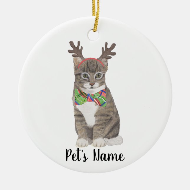 Personalised Tabby Cat (Grey) Antlers & Bow Tie Ceramic Ornament (Front)