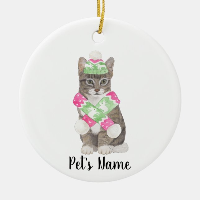 Personalised Tabby Cat (Grey) Pink & Green Scarf Ceramic Ornament (Front)