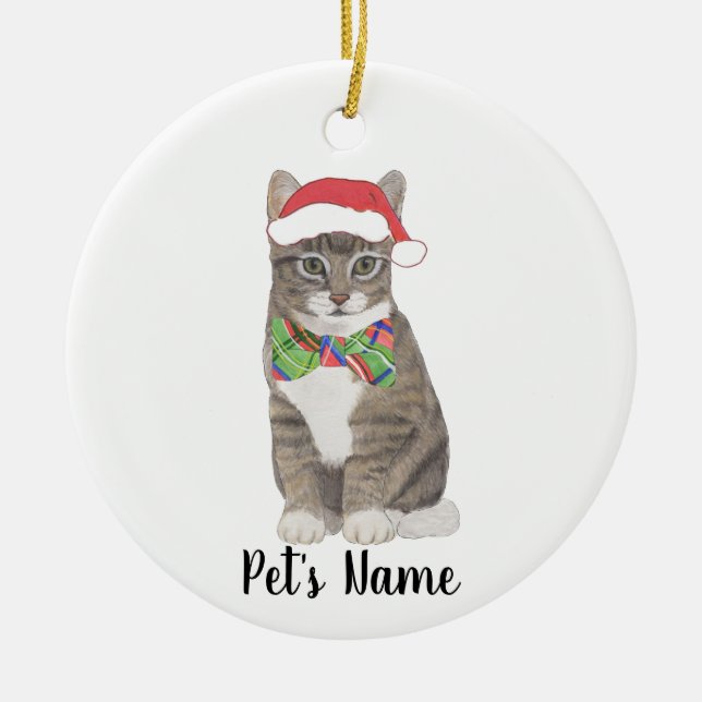 Personalised Tabby Cat (Grey) Santa Hat & Bow Tie Ceramic Ornament (Front)