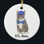 Personalised Tabby Cat (Grey) Yarmulke & Bow Tie Ceramic Ornament<br><div class="desc">Make the nice list this year with an ornament of your favourite tabby cat elf! For the sweetest gifts, pair it with a matching art print or another item from my collection for a thoughtful housewarming, cat mum, bridal shower, teacher, mother-in-law, husband, boyfriend, secret santa, sympathy, or tough-to-shop-for gift! To...</div>