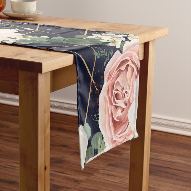 Personalised Table Runner Geometric Garden Navy (In Situ)