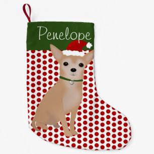 Personalised Tan Chihuahua and Green Polka Dots Small Christmas Stocking