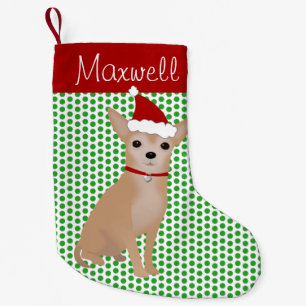 Personalised Tan Chihuahua and Green Polka Dots Small Christmas Stocking