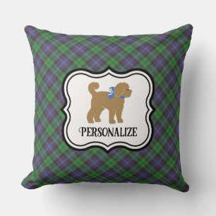 Personalised Tan Doodle Dog Blue Plaid Cushion