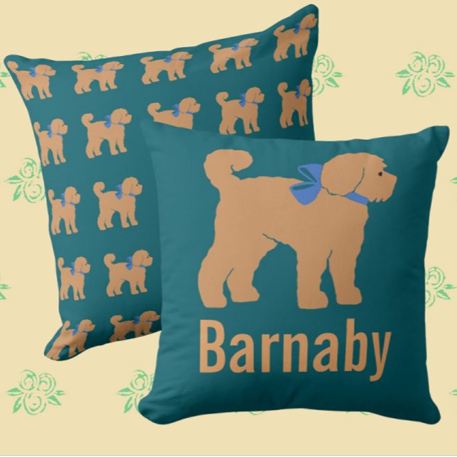 Personalised Tan Doodle Dog Dark Blue Green Pillow (For your special fur baby!)