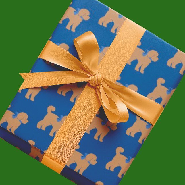 Personalised Tan Doodle Dog Royal Blue  Wrapping Paper (Cute for Hannukah or every day)