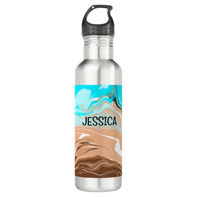 Personalised Tan to Blue Ombre Fluid Art 710 Ml Water Bottle (Front)