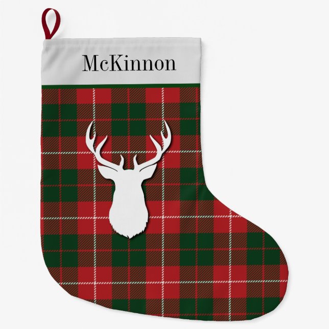 Personalised Tartan Clan McKinnon Green Red Plaid Large Christmas Stocking (Front)