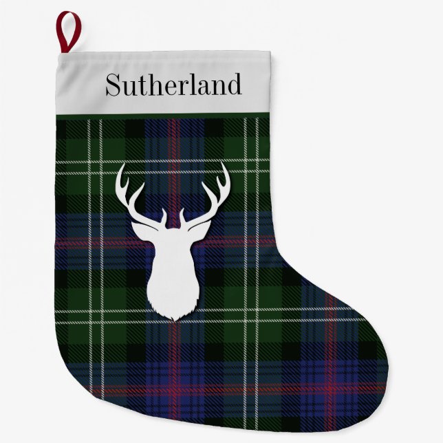 Personalised Tartan Clan Sutherland Green Purple Large Christmas Stocking (Front)