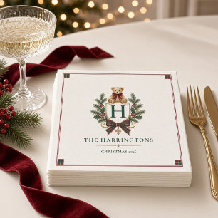 Personalised Tartan Teddy Bear Crest Christmas  Napkin