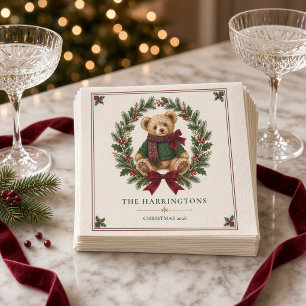 Personalised Tartan Teddy Bear Crest Christmas  Napkin