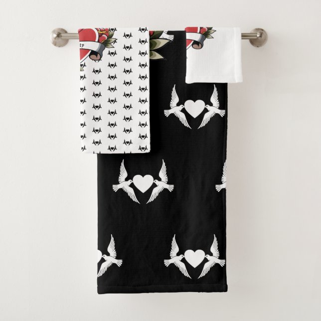 Personalised Tattoo Love Birds Heart Bath Towel Set (Insitu)