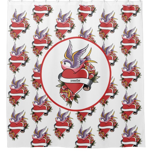 Personalised Tattoo Love Birds Heart Bathroom Shower Curtain (Front)