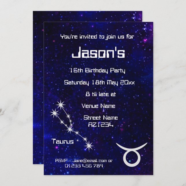 Personalised Taurus Zodiac Galaxy Party Invitation (Front/Back)