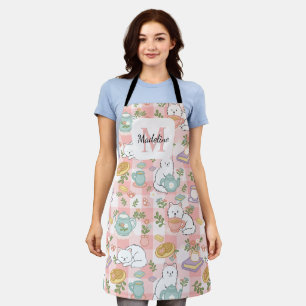 Personalised Tea & Bookish Cats Pink Girl Kitchen Apron