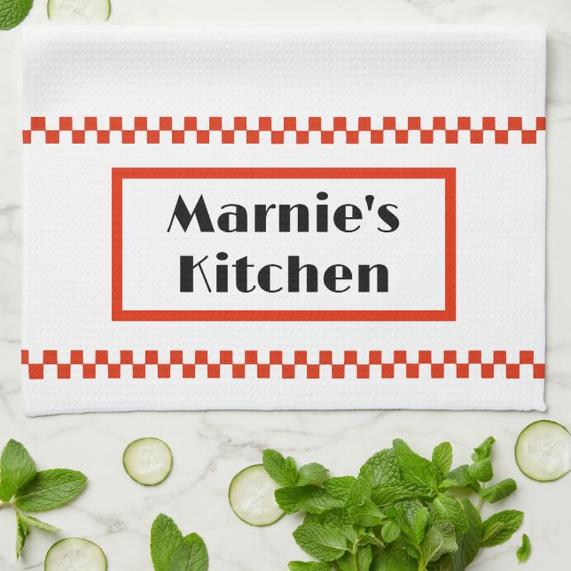 Personalised Tea Towel of black and red on white (Folded)