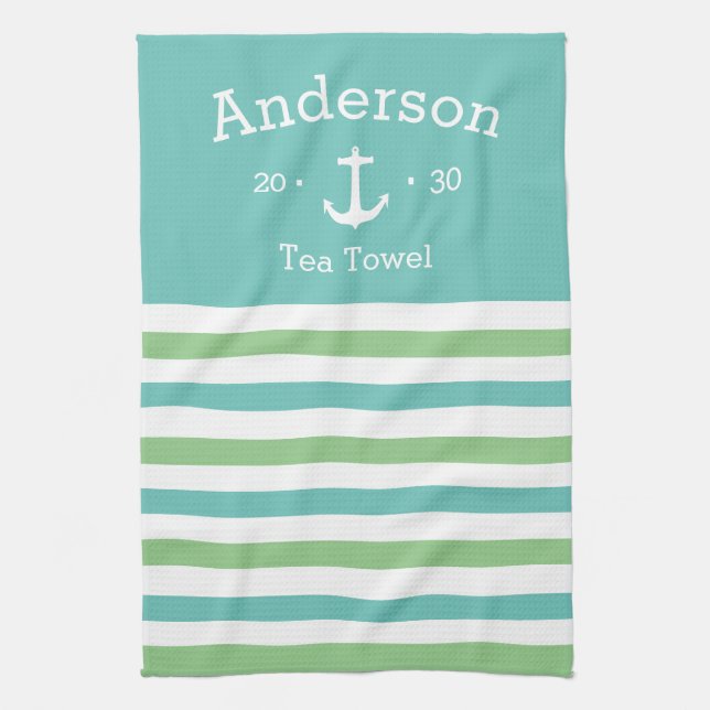 Personalised Tea Towel - Striped Nautical G/B (Vertical)
