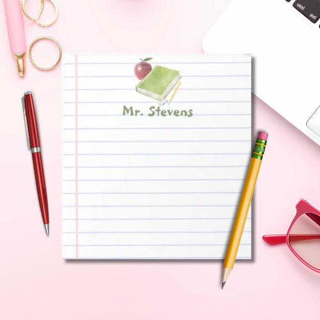 Personalised teacher apple and book back to school notepad (Teacher Lined Notepad Personalized Watercolor book design)