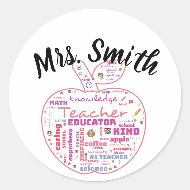Personalised Teacher Apple Word Art  Classic Round Sticker (Front)