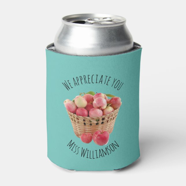 Personalised TEACHER APPRECIATION Apples TEAL Can Cooler (Can Front)