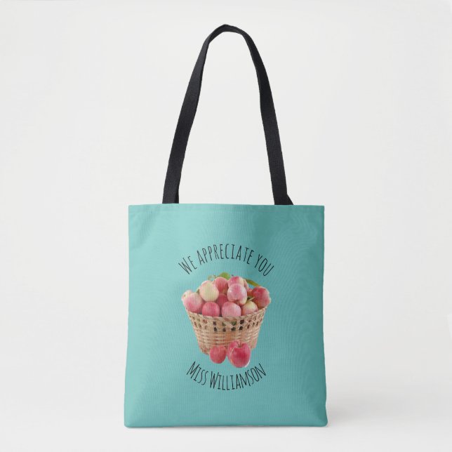 Personalised TEACHER APPRECIATION Apples TEAL Tote Bag (Front)