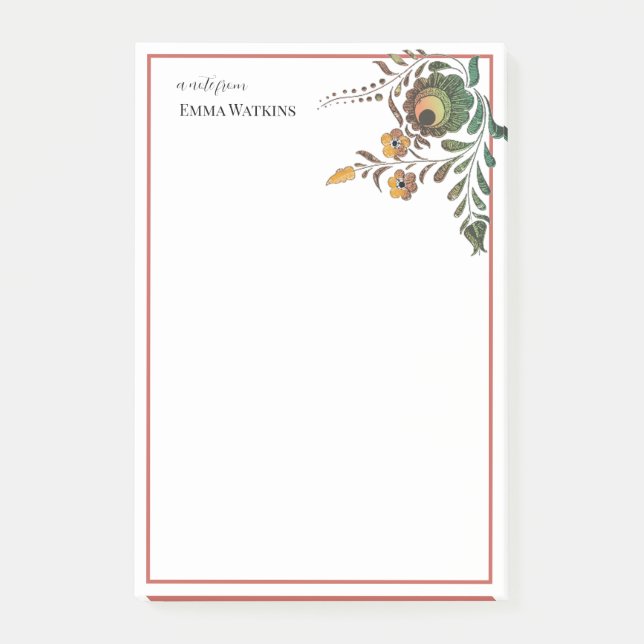 Personalised Teacher Bordered Hungarian Folk Rose Post-it Notes (Front)