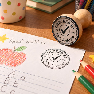 Personalised Teacher Checked By Custom Name Round Rubber Stamp