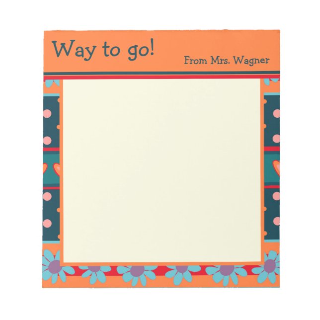 Personalised Teacher Cheerful Pretty Floral Orange Notepad (Front)