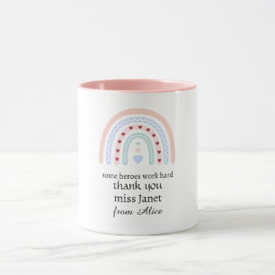 Personalised Teacher Christmas Pink Rainbow Hearts Mug