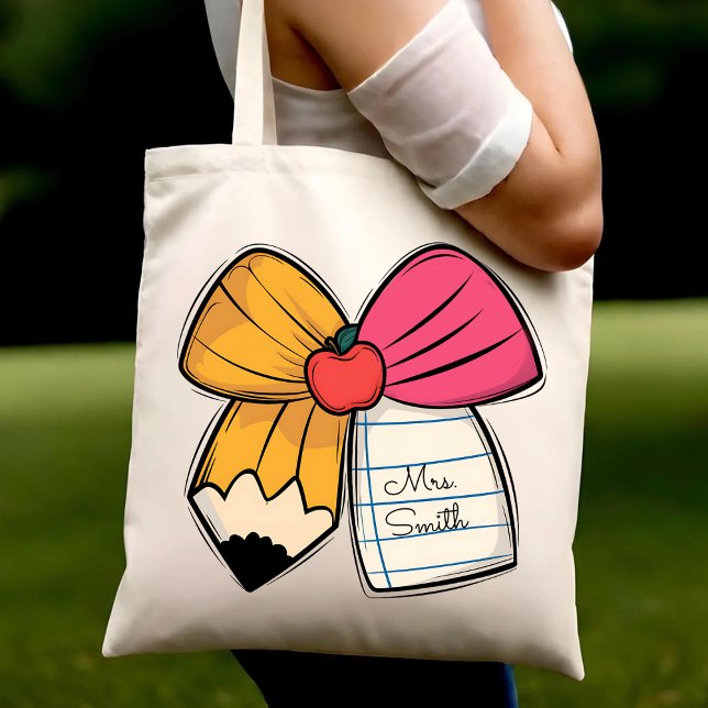 Personalised Teacher Coquette Bow Teacher Name Tote Bag (Creator Uploaded)