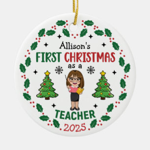 Personalised Teacher First Christmas Tree Round Ceramic Ornament