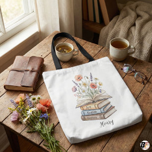 Personalised Teacher Floral Book Stack Custom Gift Tote Bag