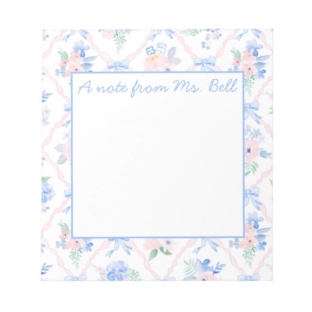 Personalised Teacher Floral Ribbon Bows  Notepad (Front)
