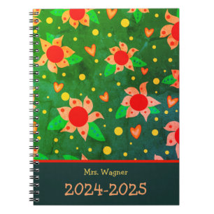 Personalised Teacher Fun Retro Flowers Green Notebook
