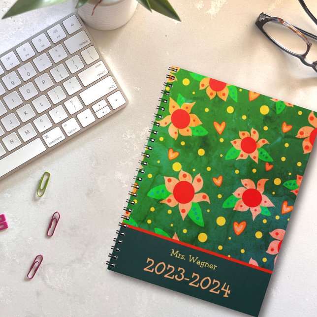 Personalised Teacher Fun Retro Flowers Green  Planner (Creator Uploaded)