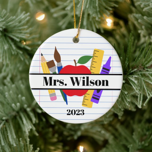 Personalised Teacher Gift Apple Ruler Pencil Ceramic Ornament (Tree)