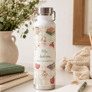 Personalised Teacher Gift Floral Gingham Water Bottle