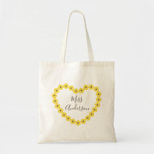 Personalised Teacher Gift, Sunflower Heart wreath Tote Bag