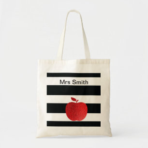 Personalised Teacher Glitter Apple Striped Tote Bag