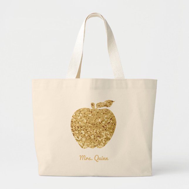 Personalised Teacher Gold Faux Sequin Apple Glam Large Tote Bag (Front)