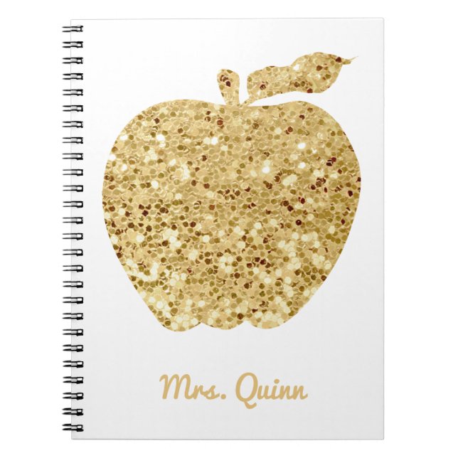 Personalised Teacher Gold Faux Sequin Apple Glam Notebook (Front)