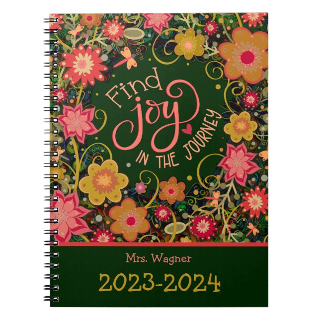 Personalised Teacher Joy in Journey Pretty Floral Notebook (Front)