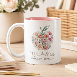 Personalised Teacher Name and Grade Floral Apple Two-Tone Coffee Mug