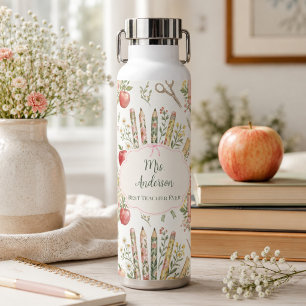 Personalised Teacher Name Gift Floral Watercolor Water Bottle