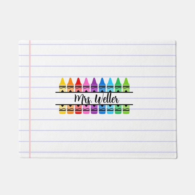 Personalised Teacher Name Rainbow Crayon Doormat (Front)