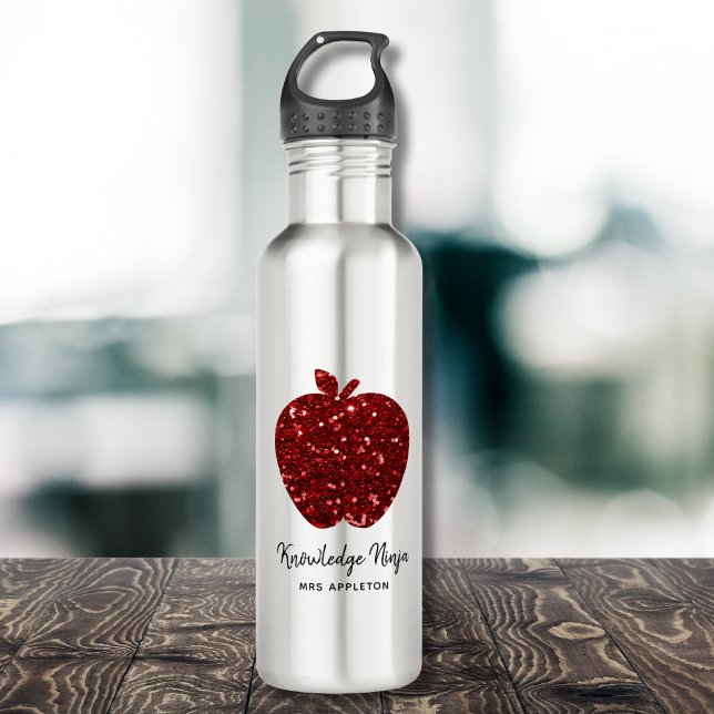 Personalised Teacher Name Red Apple Faux Glitter  710 Ml Water Bottle (Replace Text and name to personalize.  Matching items available)